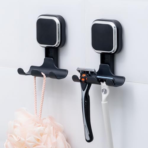LEVERLOC Vacuum Suction Cup Razor Holder for Shower 2 Pack, Heavy Duty Shower Hooks for Towel, Loofah, Razor, Cell Phone, Damage-Free Hanging Plated Suction Cup Hooks, Easy to Install and Reuse, Black - color: Black, Square