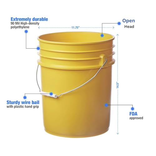5 Gallon Food Grade Plastic Bucket, Open Head Pail with Handle, 12-3/8 in Diameter x 14-3/4 in Height (Yellow, 6 Pack) - color: Yellow, size: 6 Pack