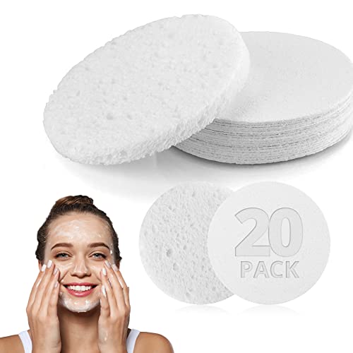 Natural Facial Cleansing Sponges- 20 Count Compressed Facial Sponges Cellulose Reusable Soft Cosmetic Esponjas para Faciales for Professional Makeup Removal, Facials Spa, Exfoliator, Skin Massage - color: White