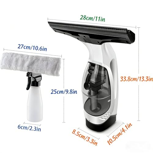 Cordless Window Vacuum Cleaner, Handheld Glass Cleaning Vacuum with 150ml Tank Telescopic Pole Spray Bottle Microfiber Squeegee Adjustable Nozzle for Windows Mirrors Tiles Shower Cleaning