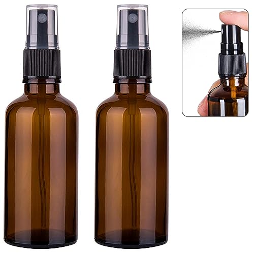 Small Glass Spray Bottles for Oil, Hair, Plants Water 2 oz | Empty Fine Mist and Refillable Mister Amber Mini Travel Size Bottle for Cleaning Solutions, Essential Oil Sprayer and Nozzle - 2 Pack