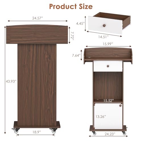 Podium Stand with Metal Wheels Wooden Lectern Podium Stand Portable Pulpit Standing with Storage Mobile Reception Podiums for Church Office School Conference Restaurant Meeting,Brown+Black - color: Brown& White