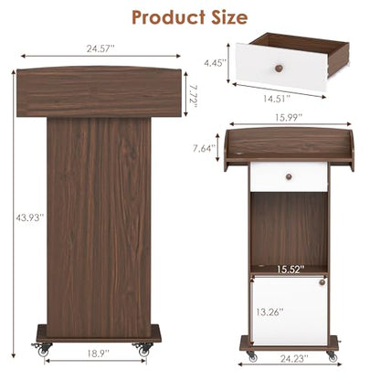 Podium Stand with Metal Wheels Wooden Lectern Podium Stand Portable Pulpit Standing with Storage Mobile Reception Podiums for Church Office School Conference Restaurant Meeting,Brown+Black - color: Brown& White