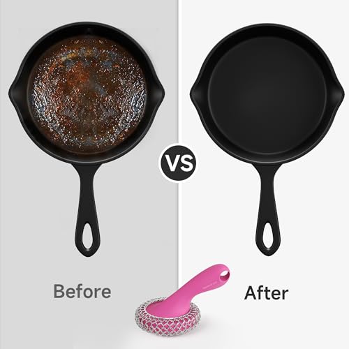 SUBEKYU Cast Iron Scrubber with Silicone Handle, Stainless Steel Skillet Cleaner for Cast Iron Pans (Pink) - color: Pink