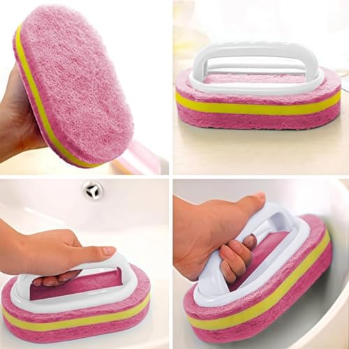 Ergonomic Cleaning Brush with Shower Sponge, Multi-Purpose Scrubber for Bathroom, Kitchen, Bathtub, Toilet, Efficient Deep Cleaning Tool,Red - color: Red