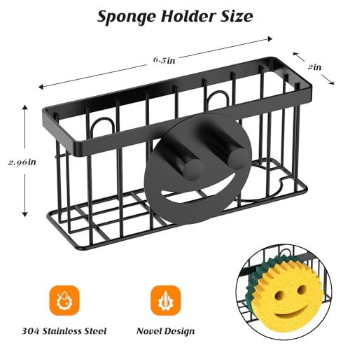 MURLONG Sponge Holder Smiley Face, Sink Organizer with 2 Suction Cups/1 Adhesive Strips, Designed for Sponge, Soap, Dish Brush, Scrubber - Black - color: Black