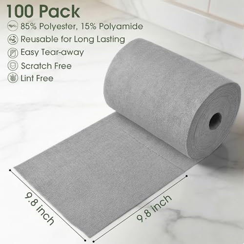 Microfiber Cleaning Cloth Roll - 100 Pack Tear Away Microfiber Paper Towels, Reusable, Washable, Scratch-Free, Kitchen Towels for Car, Home, Kitchen, Glass, Dishes(Cloud Gray) - color: Cloud Gray