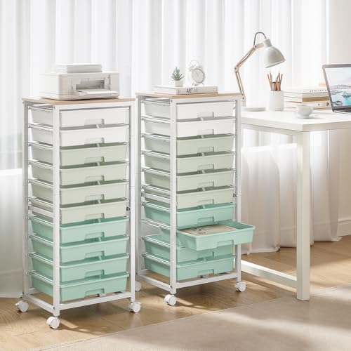 SYKIARIOL Rolling Cart with Drawers,10 Drawer Rolling Cart,Storage Cart,Utility Cart,Teacher Cart for Classroom Storage,Craft Cart with Wheels and Wooden Tabletop,Green - color: Green