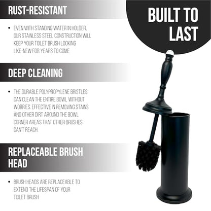 Splash Home Buena Stainless Steel Toilet Brush with Holder, Bowl Scrubber with Durable Cleaning Bristles, Hidden Brush with Splash Protective Disc Design - Matte Black - color: Matte Black