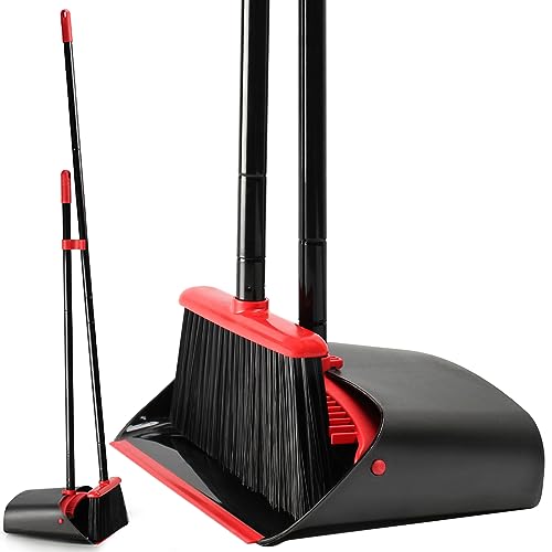 TreeLen Dust Pan and Broom/Dustpan Cleans Broom Combo with 52" Long Handle for Home Kitchen Room Office Lobby Floor Use Upright Stand Up Broom and Dustpan Set - Black/Red - color: Red/Black