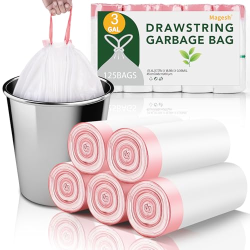 3 Gallon Trash Bag Drawstring - White Small Mini Garbage Bags For Bathroom Can 125 Count 12 Liter Unscented Plastic Tiny Little Waste Basket Liners Kitchen Car Office Strong Thick Magesh - color: Drawstring-3Gal125