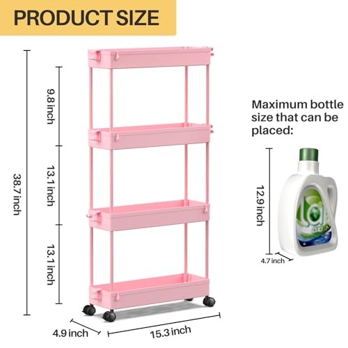 SPACEKEEPER Slim Rolling Storage Cart 4 Tier Bathroom Organizer Utility Cart Mobile Shelving Unit Tower Rack for Kitchen, Laundry Room, Bathroom, Narrow Places, Pink - color: Pink