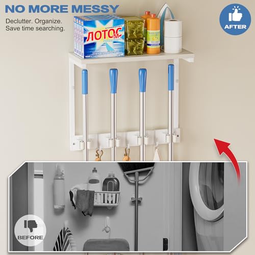 Olakee Broom Holder Wall Mount with Cleaning Supplies Organizer, Laundry Room Organization and Storage Shelves, Mop Hanger Rack with Hooks, Utility Shelf Closet Organizer for Garage Home Improvement - size: Small