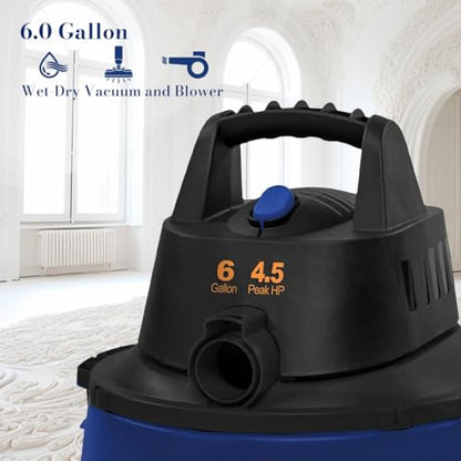 Koblenz WD-6 L212 Wet Dry Vacuum Cleaner, 6 Gallon, 4.5 PHP, 3-in-1 Suction & Blower, 16 ft Reach, Big Cleaner for Car, Shop Vacuum Wet and Dry, Swivel Casters, Black/Blue - size: 6 Gallon 4.5 HP