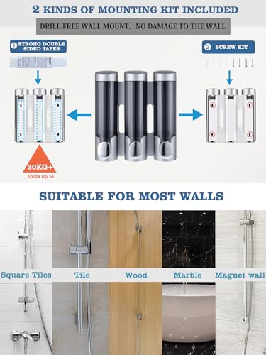 RANKADO Luxury Shower Soap Dispenser 3 Chamber No Drill,Soap Shampoo Conditioner Dispenser Bathroom Wall Mounted with Labels Hotel RV,Silver - color: 320ml X 3（silver）