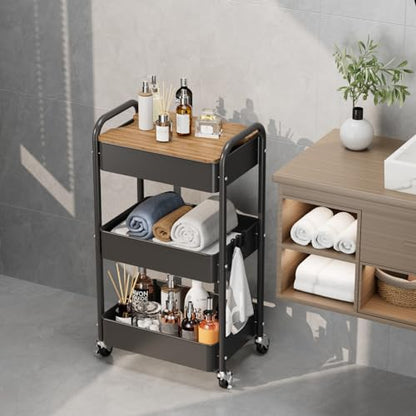 3 Tier Rolling Cart with Table top, Metal Utility Cart, Sturdy Storage Organizer Cart with Locking Wheels & Hooks for Office, Classroom, Kitchen and Bathroom - color: Black