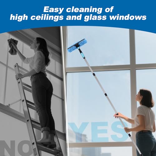 Window Squeegee Cleaner Tool with Extension Pole: 2-in-1 Window Cleaning Kit - 86.6 Inch Telescopic Long Window Cleaning Tool for High Windows Car Glass - with 2 Microfiber Cloth & Squeegee Blade - color: Blue