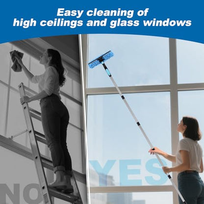 Window Squeegee Cleaner Tool with Extension Pole: 2-in-1 Window Cleaning Kit - 86.6 Inch Telescopic Long Window Cleaning Tool for High Windows Car Glass - with 2 Microfiber Cloth & Squeegee Blade - color: Blue