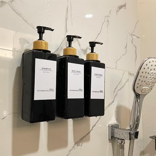 Shampoo Dispenser for Shower Wall, Shampoo and Conditioner Dispenser with 16 Waterproof Labels, No Drill Shower Soap Dispenser Bathroom, Shower Soap Dispenser Wall Mounted, 17oz, Bamboo(Black) - color: Black Bottle + Bamboo Pump