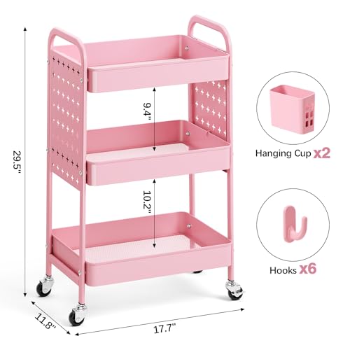 KINGRACK 3 Tier Rolling Cart with DIY Pegboard, Metal Utility Cart with Wheels, Hooks & Baskets, Sturdy Storage Organizer for Craft, Bathroom, Kitchen, Office, Nursery, Classroom(Pink) - color: Pure Pink