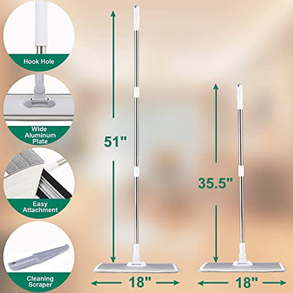 18" Professional Microfiber Mop Floor Cleaning System, Flat Mops with Stainless Steel Handle, 4 Reusable Washable Mop Pads, Wet and Dust Mopping for Hardwood, Vinyl, Laminate (White&Grey) - color: White&grey