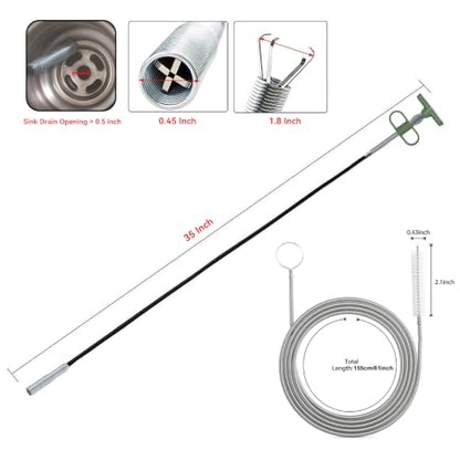 2-in-1 Drain Cleaning Tool Kit, 33" Flexible Drain Snake Clog Remover & 60" Drain Brush for Shower, Sink, Bathtub & Kitchen