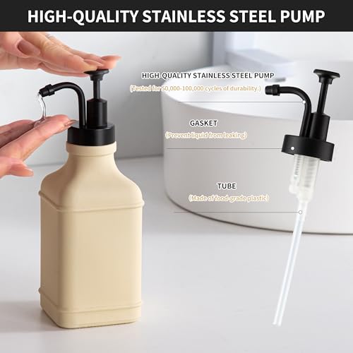 Enra Glass Soap Dispenser with Clear Window,12oz Matte Stainless Steel Hand Pump Dispenser,Hand and Liquid Soap Dispenser Rust Proof Countertop Lotion Bottle (Beige-Square-Liquid) - color: Beige-square-liquid