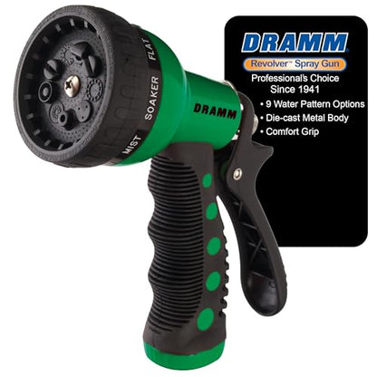 Dramm Revolver Heavy Duty Metal Garden Hose Nozzle – 9 Spray Patterns, High Pressure Jet, Thumb-Control Flow, Ergonomic Grip – Green - color: Green, style: 9-Pattern Revolver