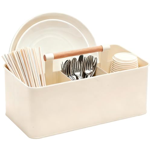 Caddy Organizer with Wooden Handle, Metal Utensil Caddy with 4 Compartments, Picnic Caddy Paper Plate Organizer Utensil Holder for Party - color: Cream