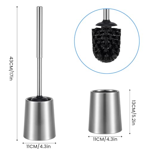 Stainless Steel Toilet Brush and Holder Toilet Brush and Cases Bathroom Bowl Cleaning Brush Double Layer Holder Long Brush Handle High Density Bristles Silver