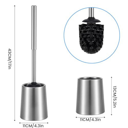 Stainless Steel Toilet Brush and Holder Toilet Brush and Cases Bathroom Bowl Cleaning Brush Double Layer Holder Long Brush Handle High Density Bristles Silver