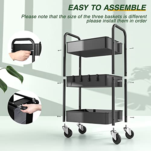 LEHOM 3 Tier Rolling Cart, Metal Rolling Utility Cart with Lockable Wheels & Hooks, Multi-Functional Heavy Duty Storage Cart Organizer for Bathroom, Kitchen, Office, Living Room - color: Black