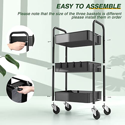 LEHOM 3 Tier Rolling Cart, Metal Rolling Utility Cart with Lockable Wheels & Hooks, Multi-Functional Heavy Duty Storage Cart Organizer for Bathroom, Kitchen, Office, Living Room - color: Black