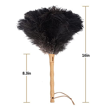 Aldwin Ostrich Feather Duster, 16 inch Black Genuine Ostrich Feathers with Wood Handle, Reusable Car Dusters, Eco-Friendly Cleaning Handheld Dusters for Home, Office and Kitchen - color: Black