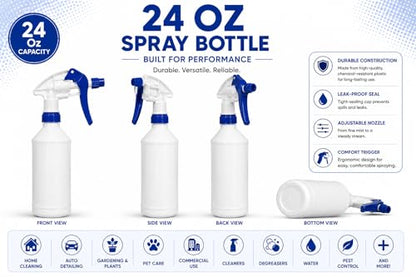 Plastic Spray Bottle, 4 Pack, 24 Oz with Adjustable Nozzle, Heavy Duty Leak Proof Mist Empty Water Bottle Sprayer for Cleaning, Chemicals, Hair, Planting & All-Purpose Use (Blue)