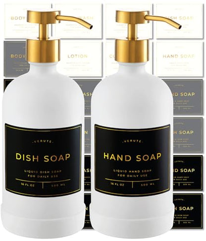 Hand and Dish Soap Dispenser for Kitchen and Bathroom, Set of 2 16 Oz Glass Bottles, Stainless Steel Pumps, Non-Slip Silicone Base, 27 Waterproof Labels (Matte White Bottle/Brushed Gold Pump) - color: Matte White Bottle / Brushed Gold Pump