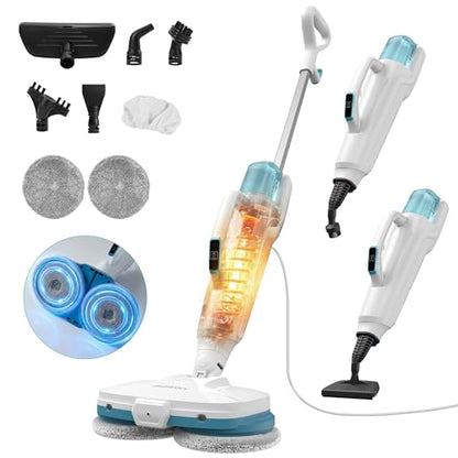 Aspiron Steam Mop, 10-in-1 Steam Mop and Handheld Steamer, 15s Heat-Up, Self-Rotating Scrub Pads, 2 Steam Modes with Spray,500ML Removable Tank,LED Light,Floor Steamer for Hardwood,Tile, Carpet,Car