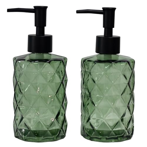 Green Glass Soap Dispenser with Black Plastic Pump, 12oz Refillable Liquid Hand Soap Dispenser, 2 Pack Crystal Lotion Bottle for Modern Home Decor, Bathroom, Kitchen Countertop, Hotel - color: Light Green