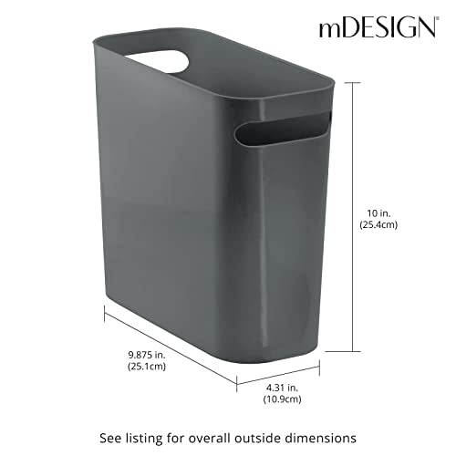mDesign Plastic Small Trash Can, 1.5 Gallon/5.7-Liter Wastebasket, Narrow Garbage Bin with Handles for Bathroom, Laundry, Home Office - Holds Waste, Recycling, 10" High, Aura Collection, Charcoal Gray - color: Charcoal