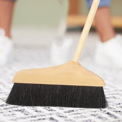 Horse Hair Broom with Long Handle: Wooden Heavy Duty Floor Broom Soft Bristle Pine Sweeper Household Cleaning Tool for Home Kitchen Office Indoor Outdoor