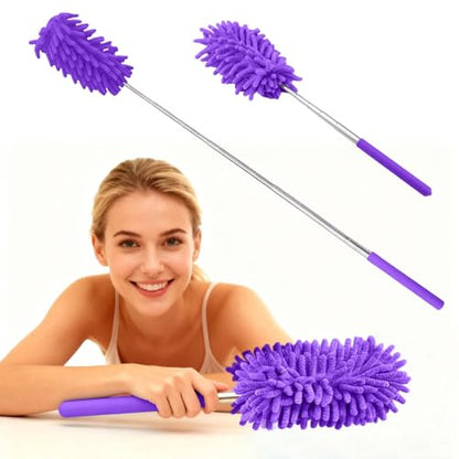 Extendable Microfiber Duster, Telescoping Dusting Brush for Home and Car Cleaning, Adjustable Length, Soft and Flexible - color: Elongated Purple