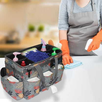 Wearable Cleaning Caddy Bag, Kitchen Supplies Organizer with Handle&Shoulder Strap, Under Sink&Car Cleaning Tool Tote with 4 Foldable Dividers for Housekeepers Cleaners (Grey Floral)
