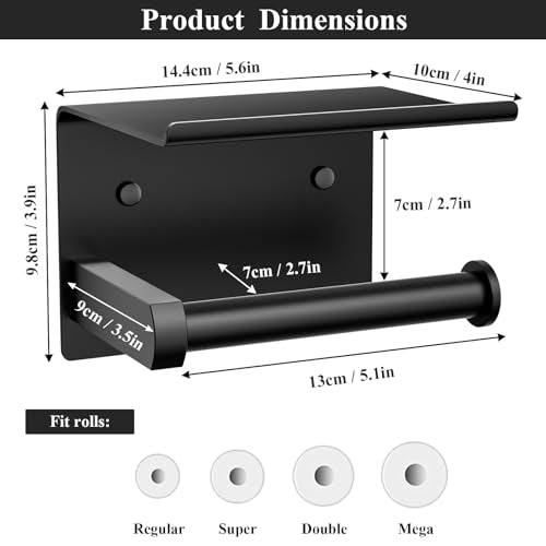 Tindbea Toilet Paper Holder with Phone Shelf, Adhesive or Screw Wall Mount Toilet Tissue Roll Holder, Rustproof & Multifunctional Stainless Steel Bathroom Storage Dispenser (Matte Black) - color: B-matte Black