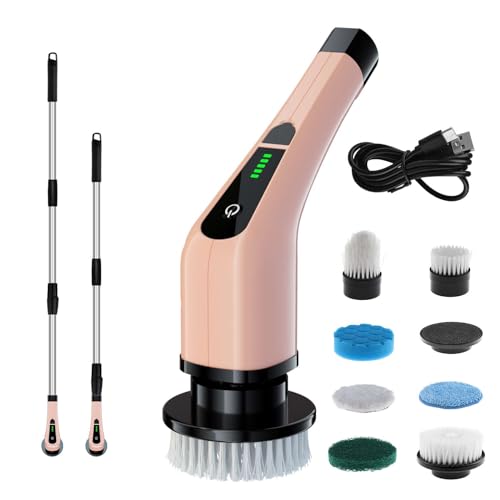 Electric Spin Scrubber, Shower Cleaning Brush, Power Scrubber 2 Adjustable Speeds, Adjustable Cordless Cleaning Brush with Long Handle for Bathroom, Tub, Tile, Kitchen (Pink) - color: Pink