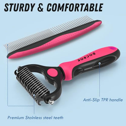 Docrok Pet Grooming Brush & Comb Combo, Cat & Dog Brush for Shedding & Dematting, Undercoat Rake for Long-haired Pets, Pink - color: Pink