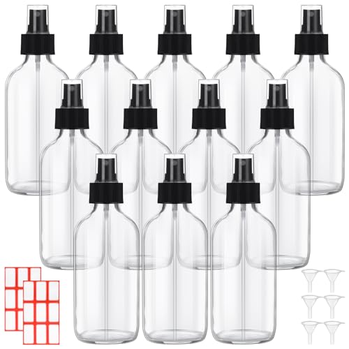 Norme 12 Pcs 8 oz Glass Spray Bottles with Funnels and Labels Refillable Cosmetic Empty Spray Bottles with Sprayer Containers for Essential Oil Cleaning Solutions(Clear,Stylish) - color: Clear, style: Stylish
