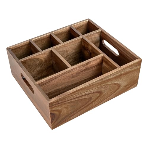 VaeFae Acacia Wood Caddy Organizer, Napkin and Paper Plate Holder, Wooden Utensil Holder, Silverware Caddy for Kitchen, Camping, Party - size: Large