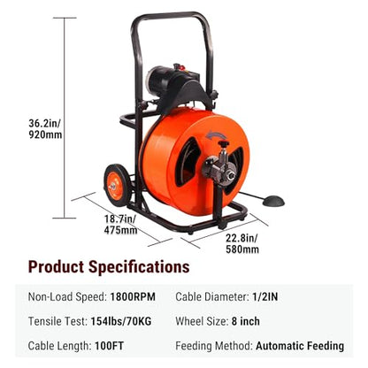 100FT x 1/2 Inch Drain Cleaner Machine, Auto Feed Electric Drain Auger for 2"-4" Pipes, Enclosed Metal Drum with 4 Cutters & Pneumatic Foot Switch, Sewer Snake Auger - style: 100FT x 1/2inch