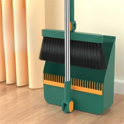 Dustpan Brush Set Long Handle Up to 37 Inches Adjustable Foldable,Plastic Broom Dustpan Combo 1set/2pcs Floor Cleaning Supplies Lobby Household Angle Brooms Upright Stand Up Garbage Scoop - color: Green