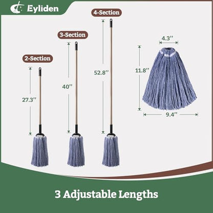 Eyliden Mop for Home & Commercial, Kitchen, Garage, Office Floor Cleaning | Non-Touch Replacement, Heavy Duty, 2 Reusable Cotton Heads, 4 Scouring Pads, Industrial Wet & Dry Mops